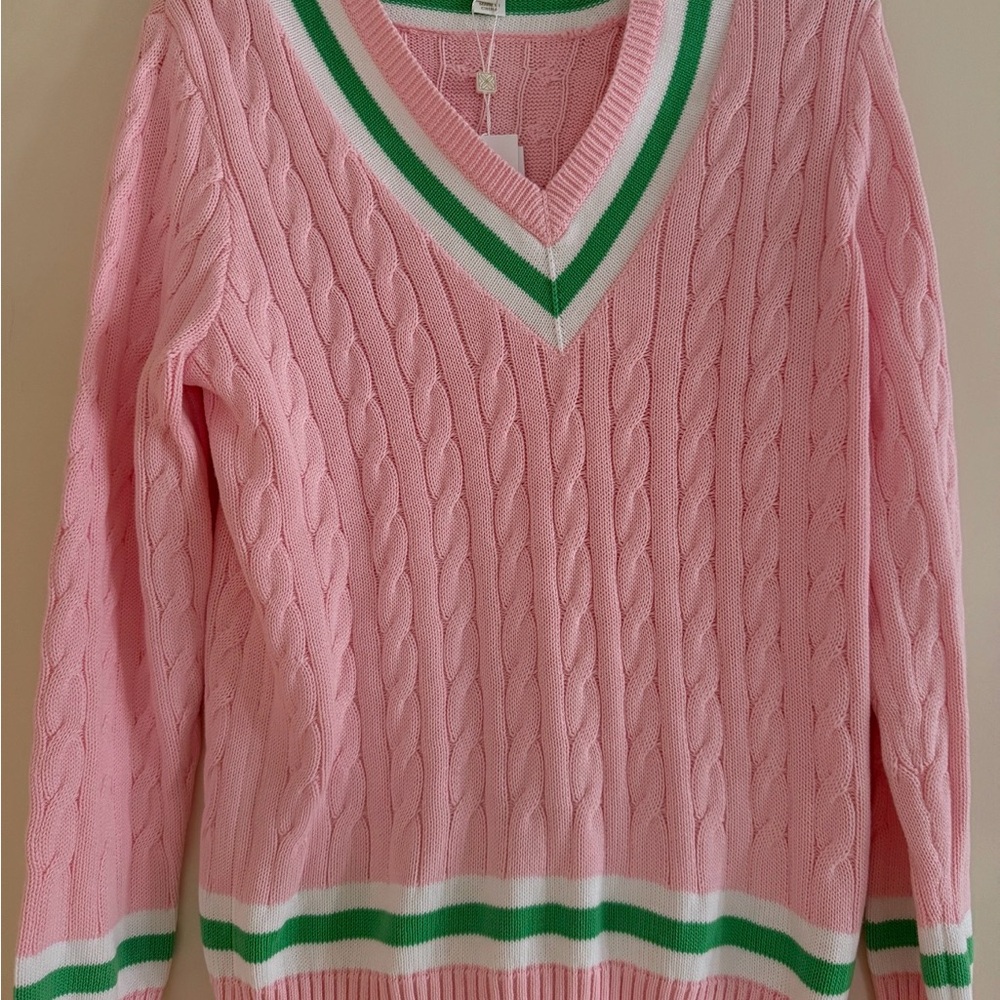 Lilly Pulitzer Pink V-Neck Sweater with Green and White Trim